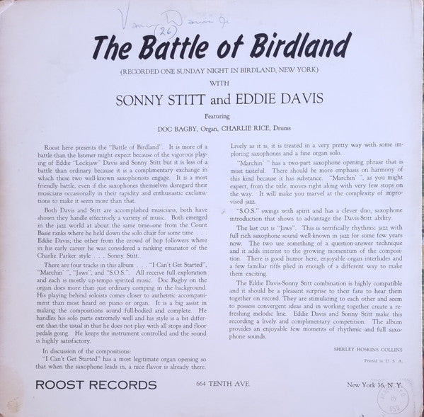 Sonny Stitt - Eddie "Lockjaw" Davis : The Battle Of Birdland (LP, Album, Mono)