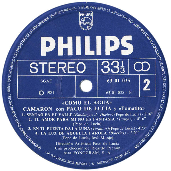 Camaron* Con Paco De Lucia* Y «Tomatito»* : Como El Agua (LP, Album)