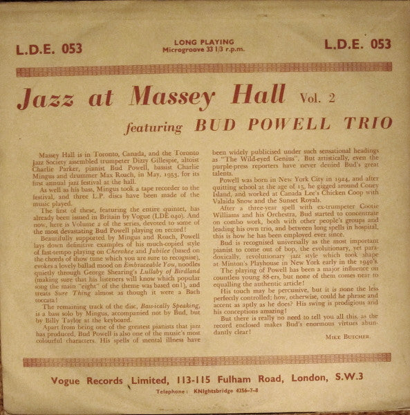 The Bud Powell Trio : Jazz At Massey Hall Vol. 2 (10")