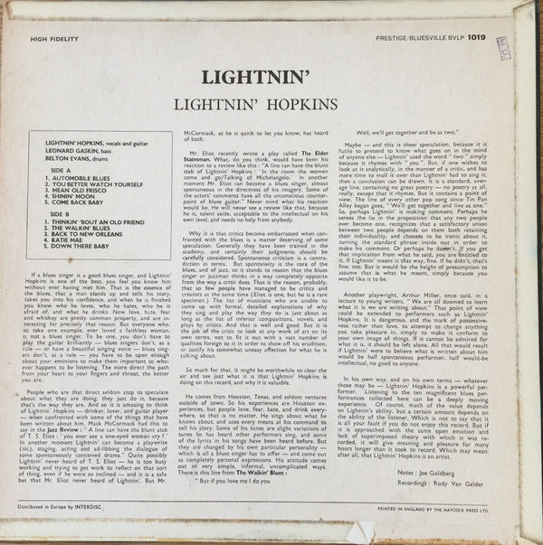 Lightnin' Hopkins : Lightnin' (The Blues Of Lightnin' Hopkins) (LP, Mono)