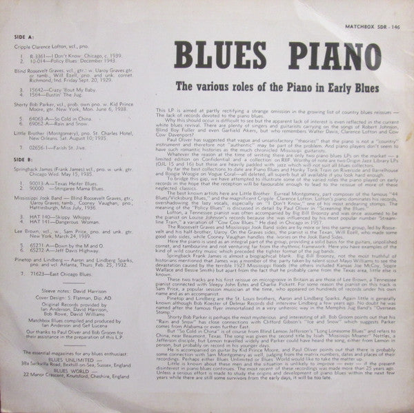 Various : Matchbox Blues Series - Blues Piano - The Various Roles Of The Piano In Early Blues (LP, Comp, Mono)