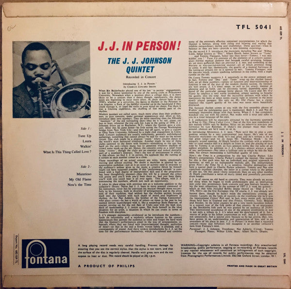 The J.J. Johnson Quintet : J. J. In Person! (LP, Album, Mono)