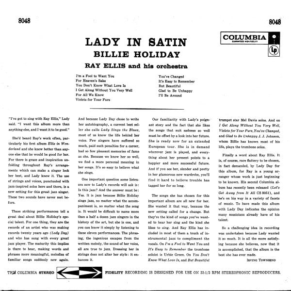 Billie Holiday With Ray Ellis And His Orchestra : Lady In Satin (LP, Album, RE)