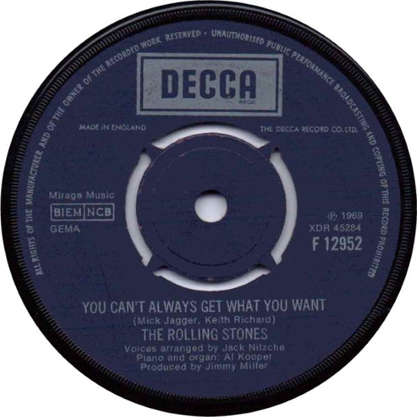 The Rolling Stones : Honky Tonk Women / You Can't Always Get What You Want (7", Single)