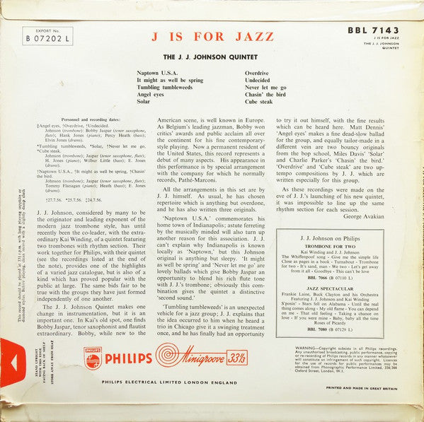 The J.J. Johnson Quintet : J Is For Jazz (LP)